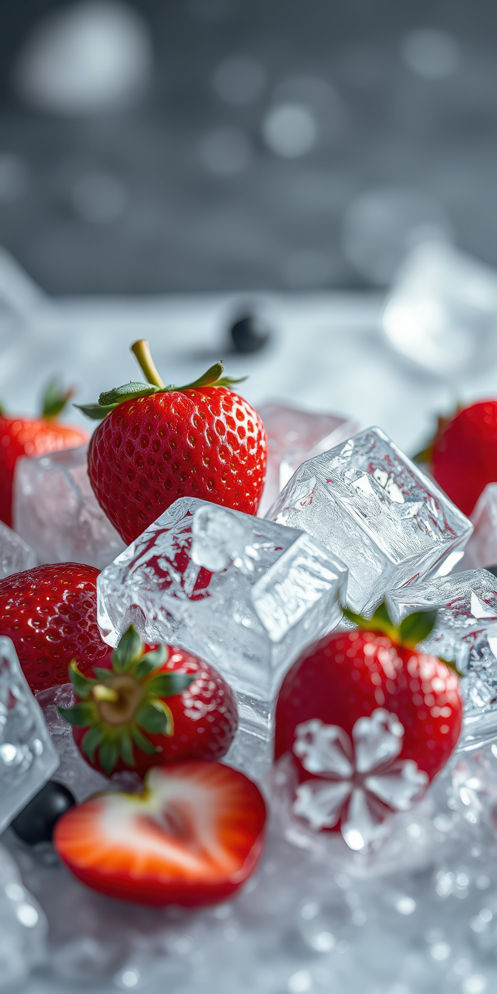 Fresh strawberries arranged with ice cubes on a marble surface in a vibrant and refreshing display